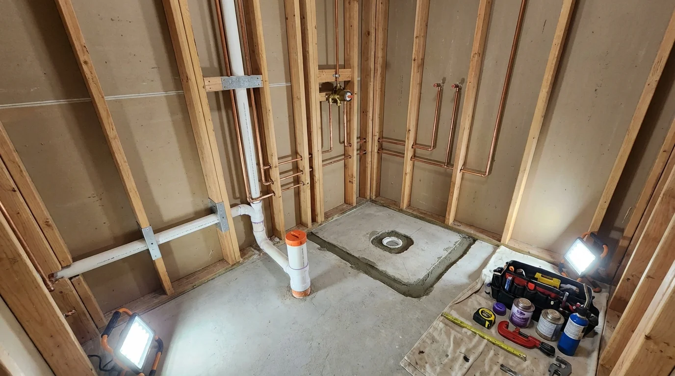 Bathroom rough-in plumbing during remodel by Johns Plumbing LLC in Duluth