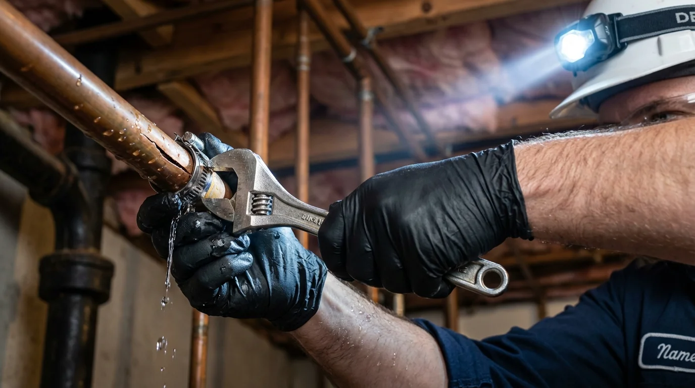 Emergency pipe clamp repair being performed by a Johns Plumbing LLC plumber in Duluth