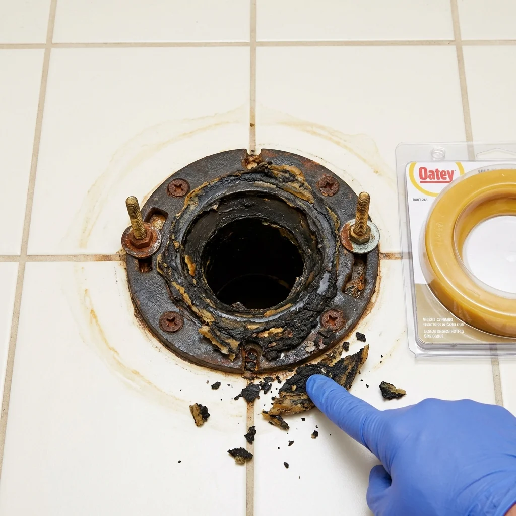 Failed wax ring showing water seepage at the base of a toilet in a Duluth, MN home