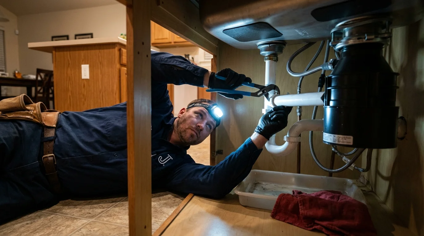 P-trap and supply line connections under a kitchen sink showing a common leak point in Duluth, MN